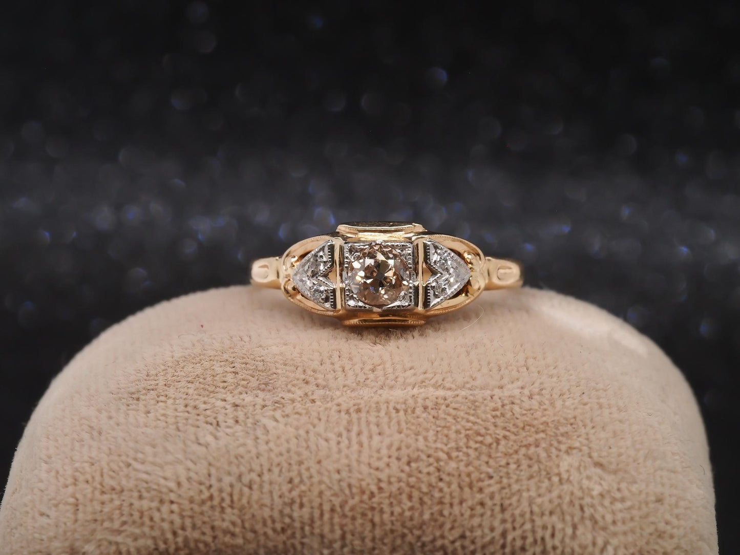 1920s Art Deco Natural Brown Diamond 14K Yellow Gold Ring - VHK#142