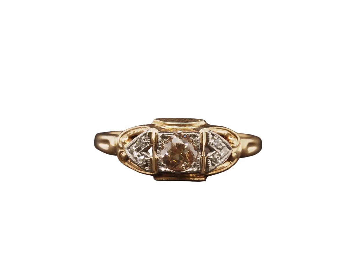 1920s Art Deco Natural Brown Diamond 14K Yellow Gold Ring - VHK#142