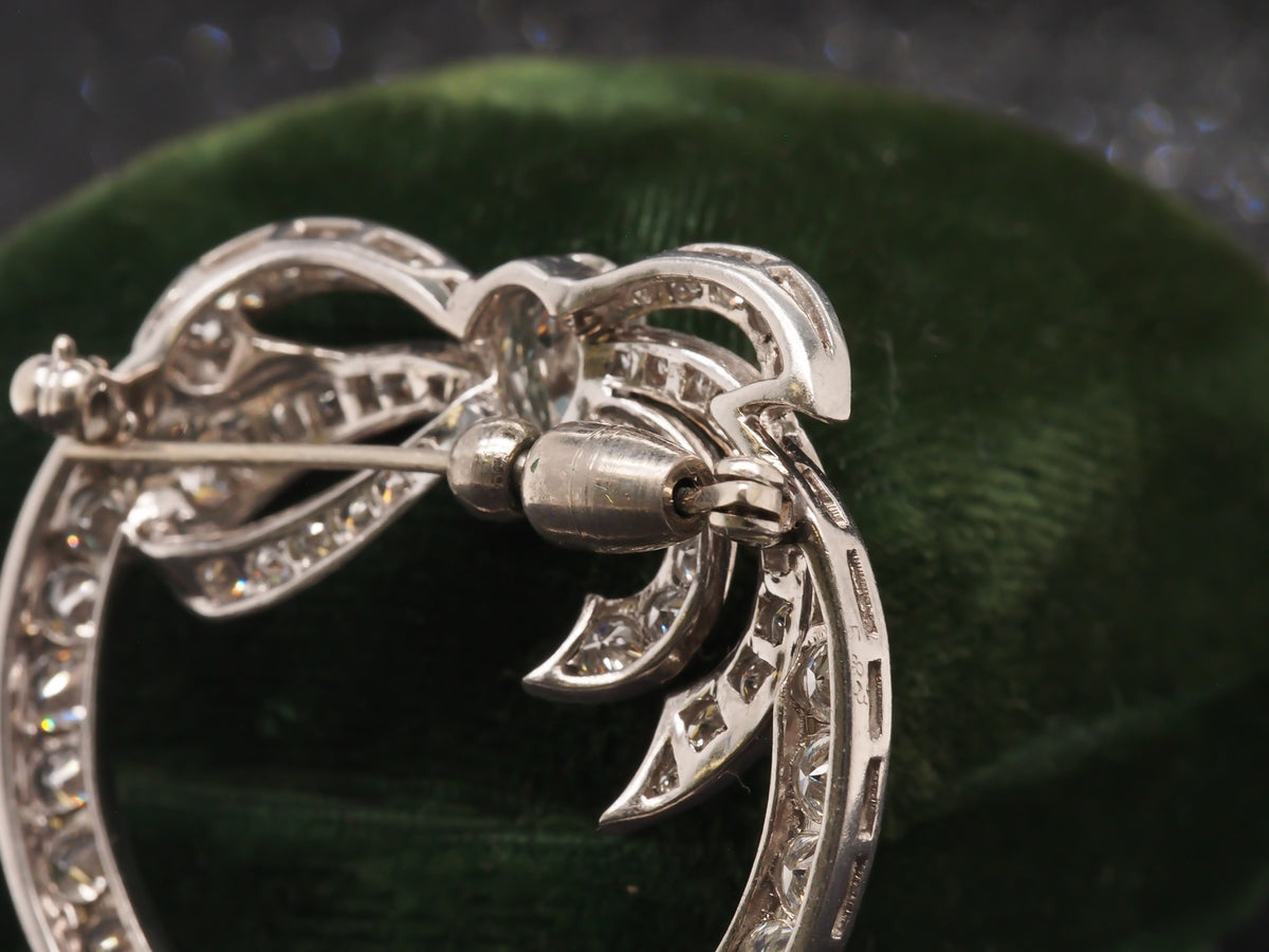 Platinum 1940s GIA Pear Shape & Round Diamond Ribbon Brooch