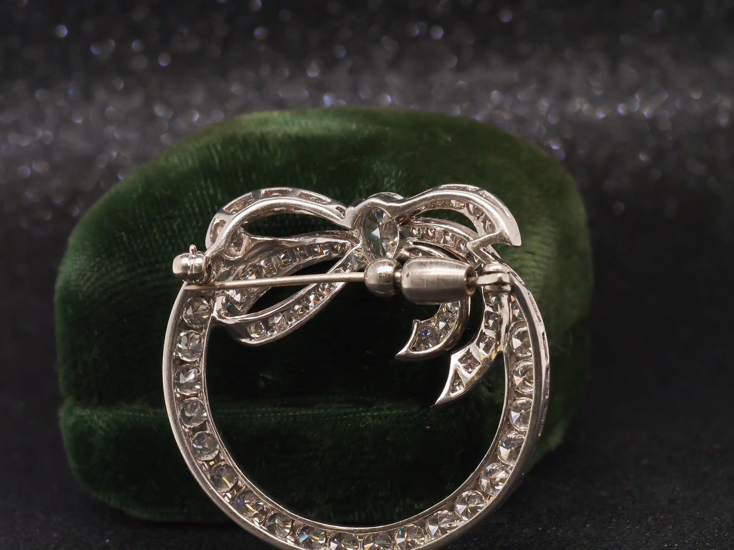 Platinum 1940s GIA Pear Shape & Round Diamond Ribbon Brooch