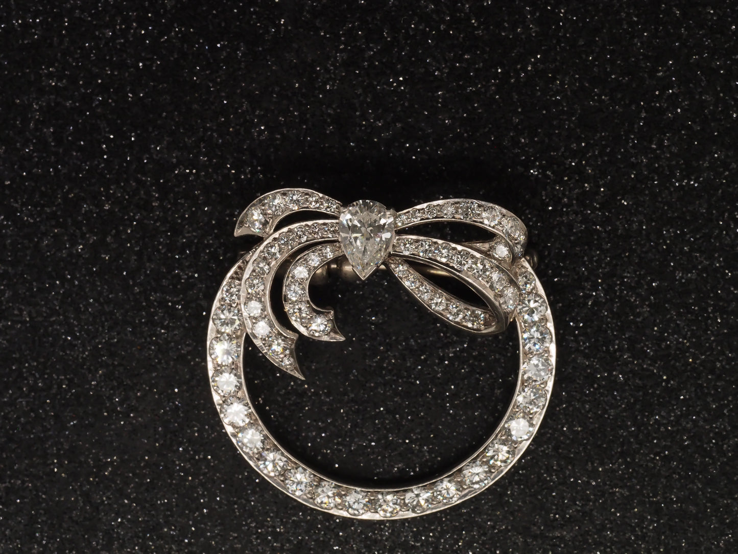 Platinum 1940s GIA Pear Shape & Round Diamond Ribbon Brooch