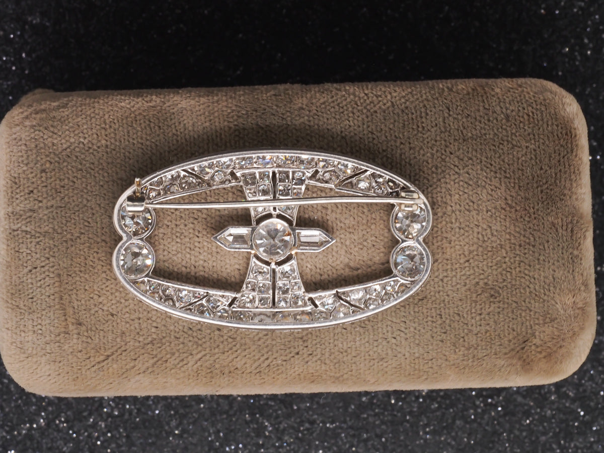 1920s Platinum Art Deco Geometric Old European Diamond Brooch