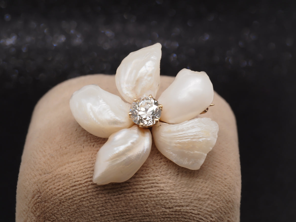 Edwardian 14K Yellow Gold Old European Cut Diamond and Pearl Floral Brooch Pin