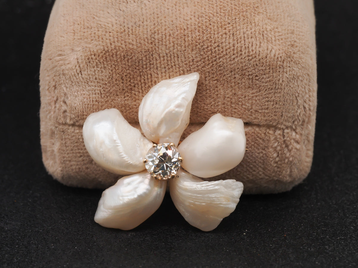 Edwardian 14K Yellow Gold Old European Cut Diamond and Pearl Floral Brooch Pin