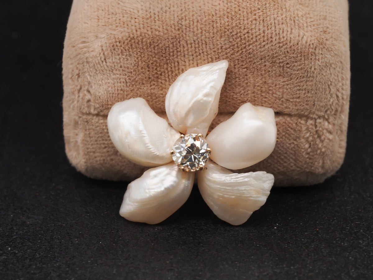 Edwardian 14K Yellow Gold Old European Cut Diamond and Pearl Floral Brooch Pin