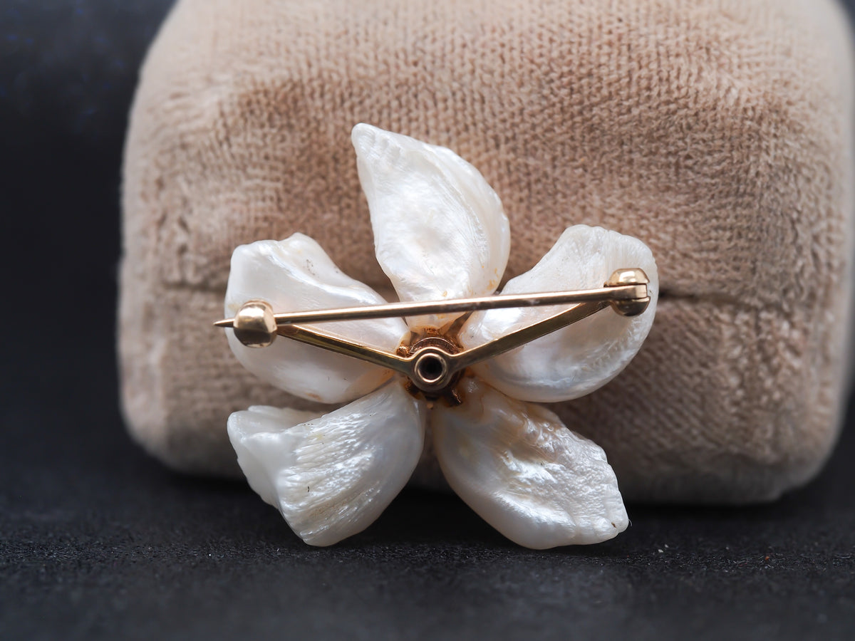 Edwardian 14K Yellow Gold Old European Cut Diamond and Pearl Floral Brooch Pin