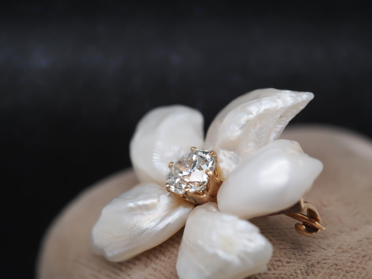 Edwardian 14K Yellow Gold Old European Cut Diamond and Pearl Floral Brooch Pin
