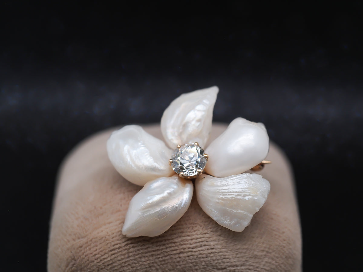 Edwardian 14K Yellow Gold Old European Cut Diamond and Pearl Floral Brooch Pin