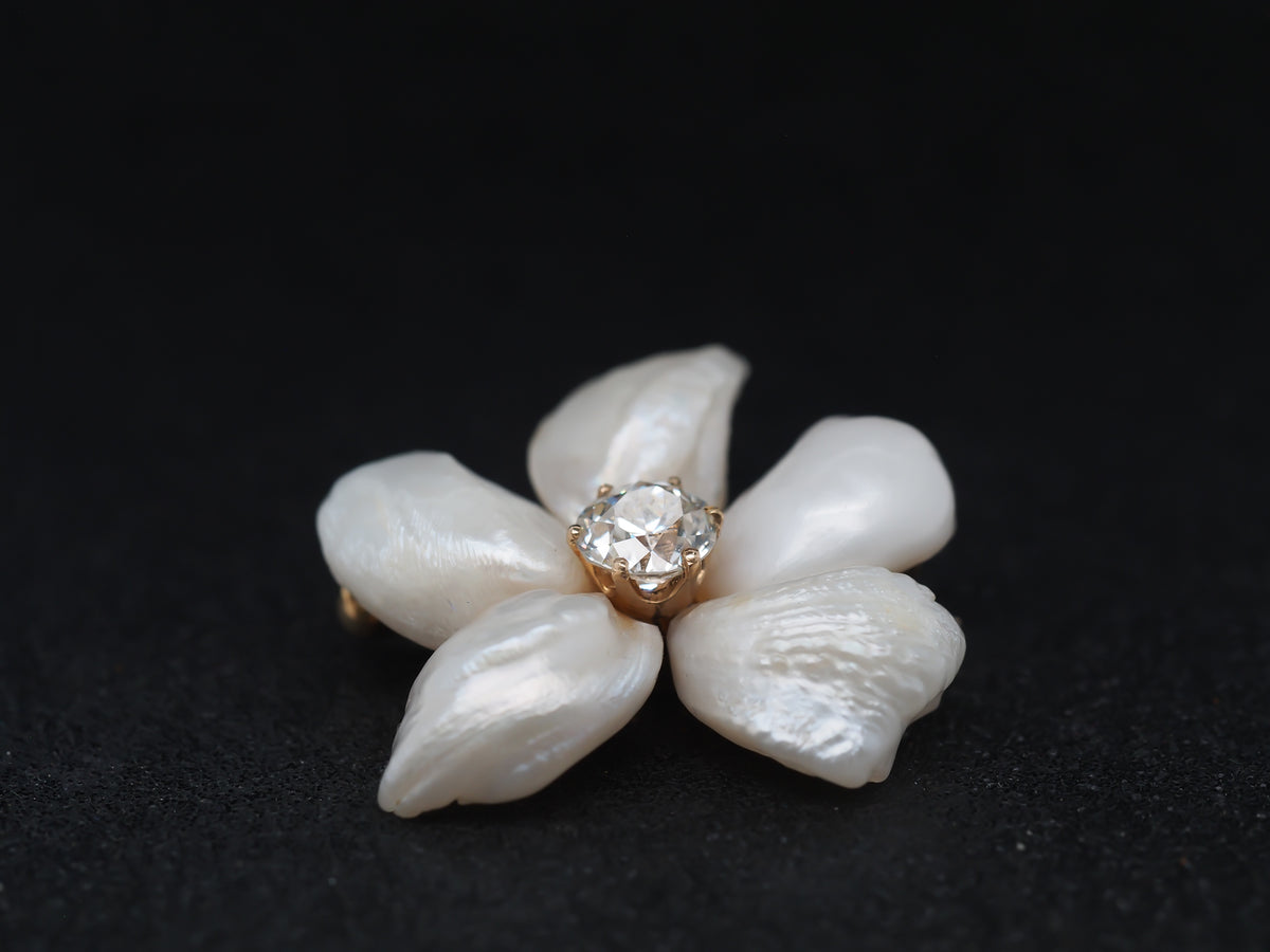 Edwardian 14K Yellow Gold Old European Cut Diamond and Pearl Floral Brooch Pin