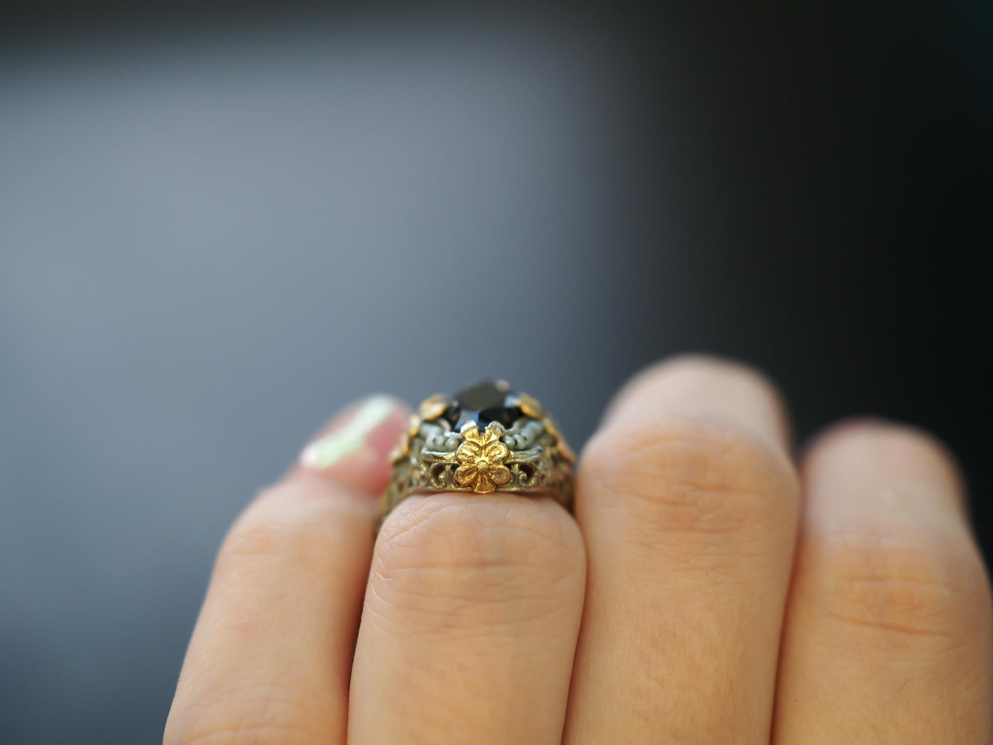 Circa 1920s Art Deco Onyx and Pearl Ring in Two Tone 14K Gold - VHK#125