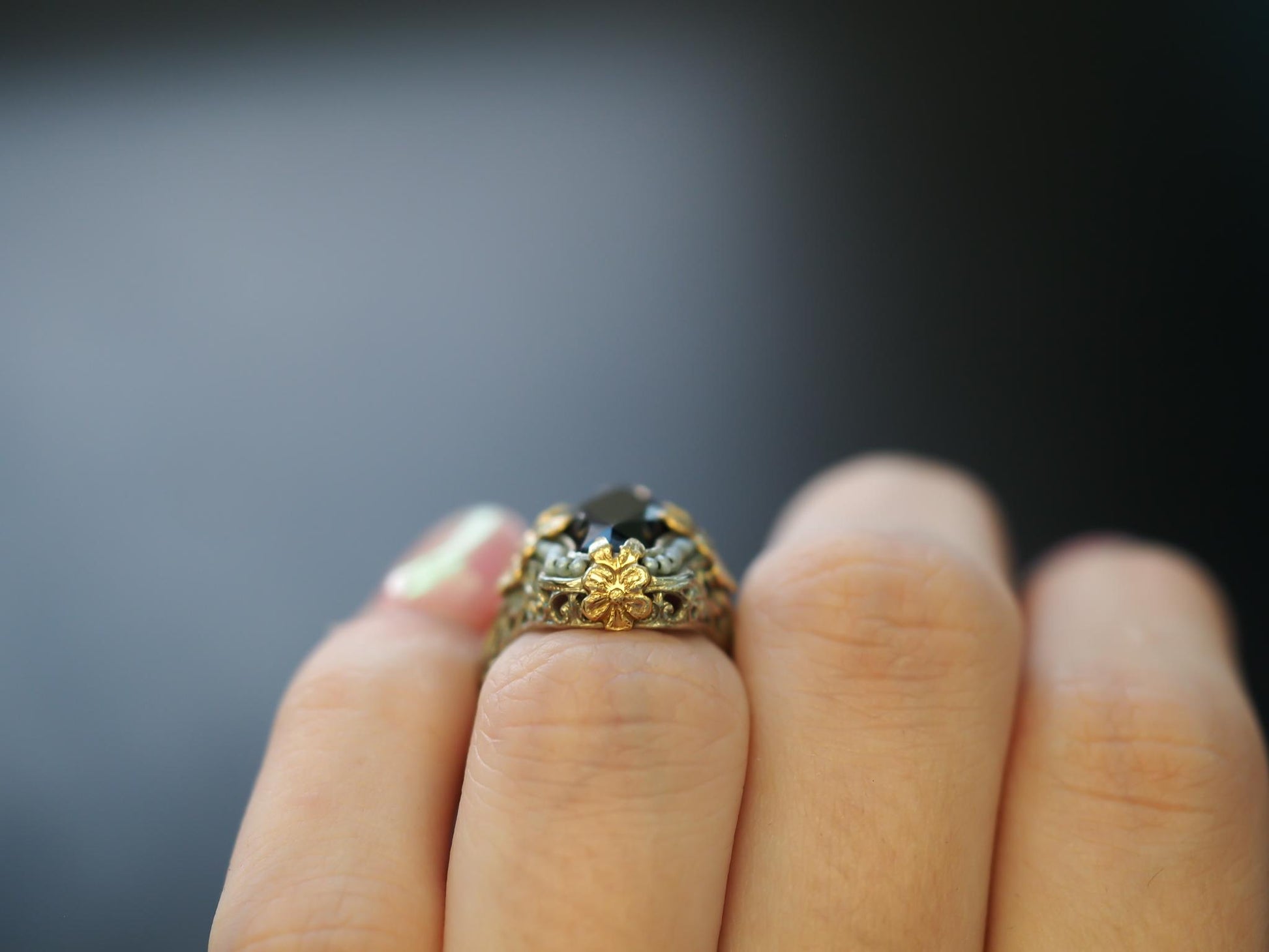 Circa 1920s Art Deco Onyx and Pearl Ring in Two Tone 14K Gold - VHK#125