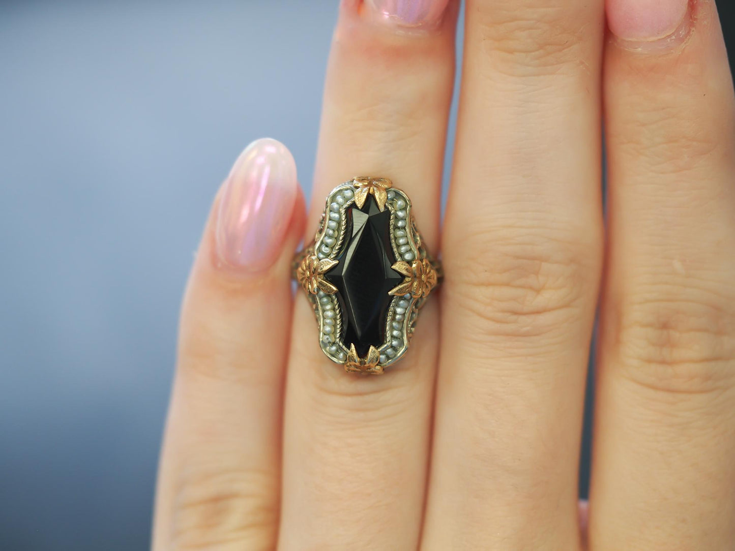Circa 1920s Art Deco Onyx and Pearl Ring in Two Tone 14K Gold - VHK#125
