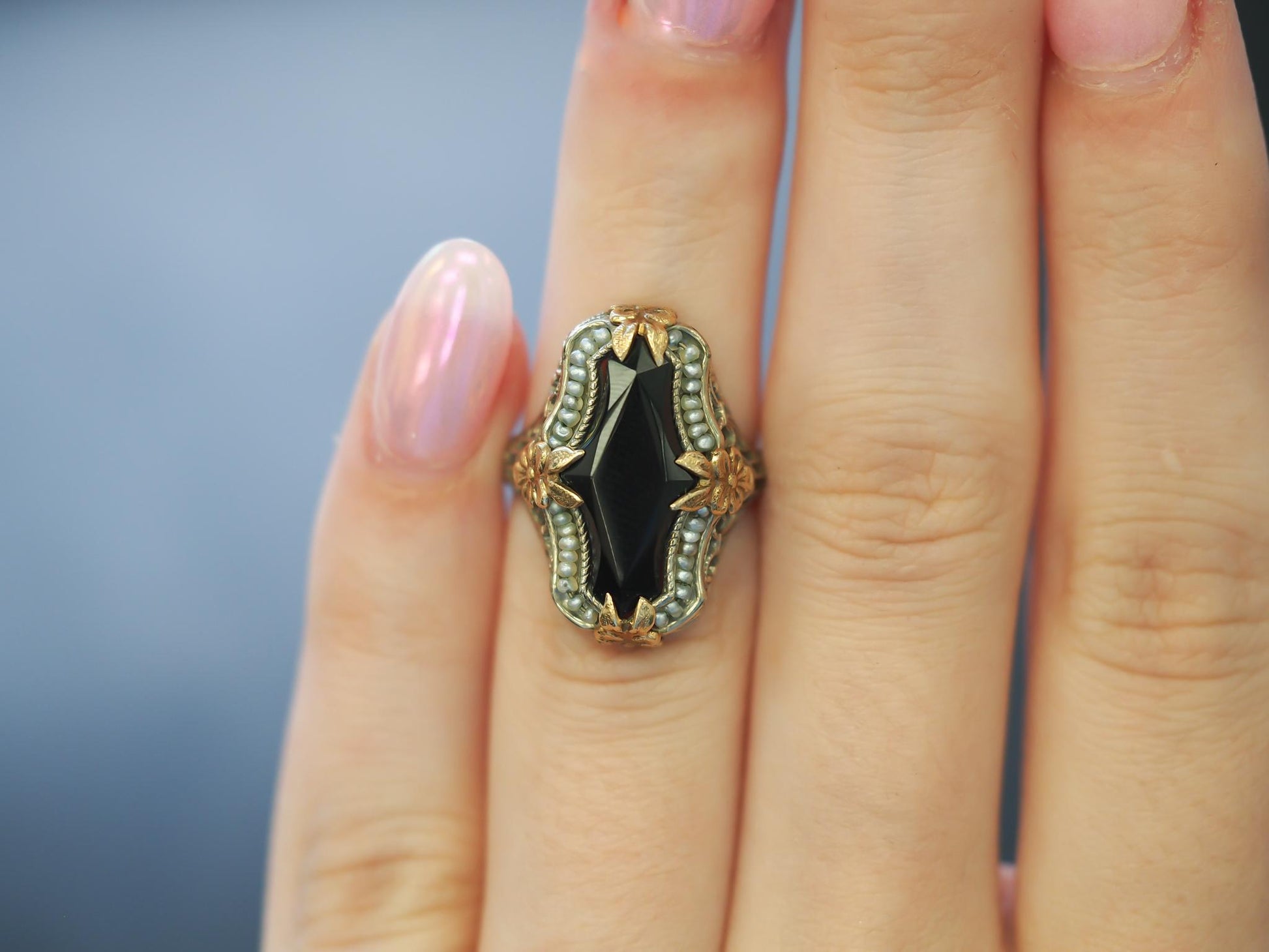 Circa 1920s Art Deco Onyx and Pearl Ring in Two Tone 14K Gold - VHK#125