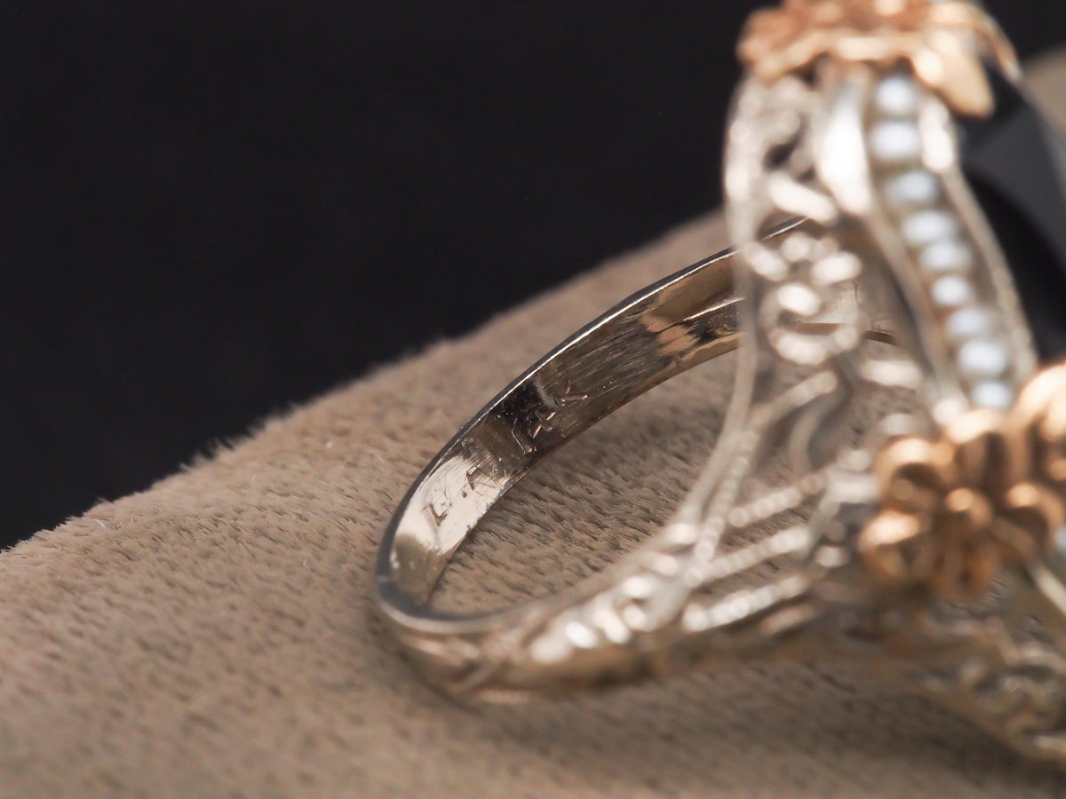 Circa 1920s Art Deco Onyx and Pearl Ring in Two Tone 14K Gold - VHK#125