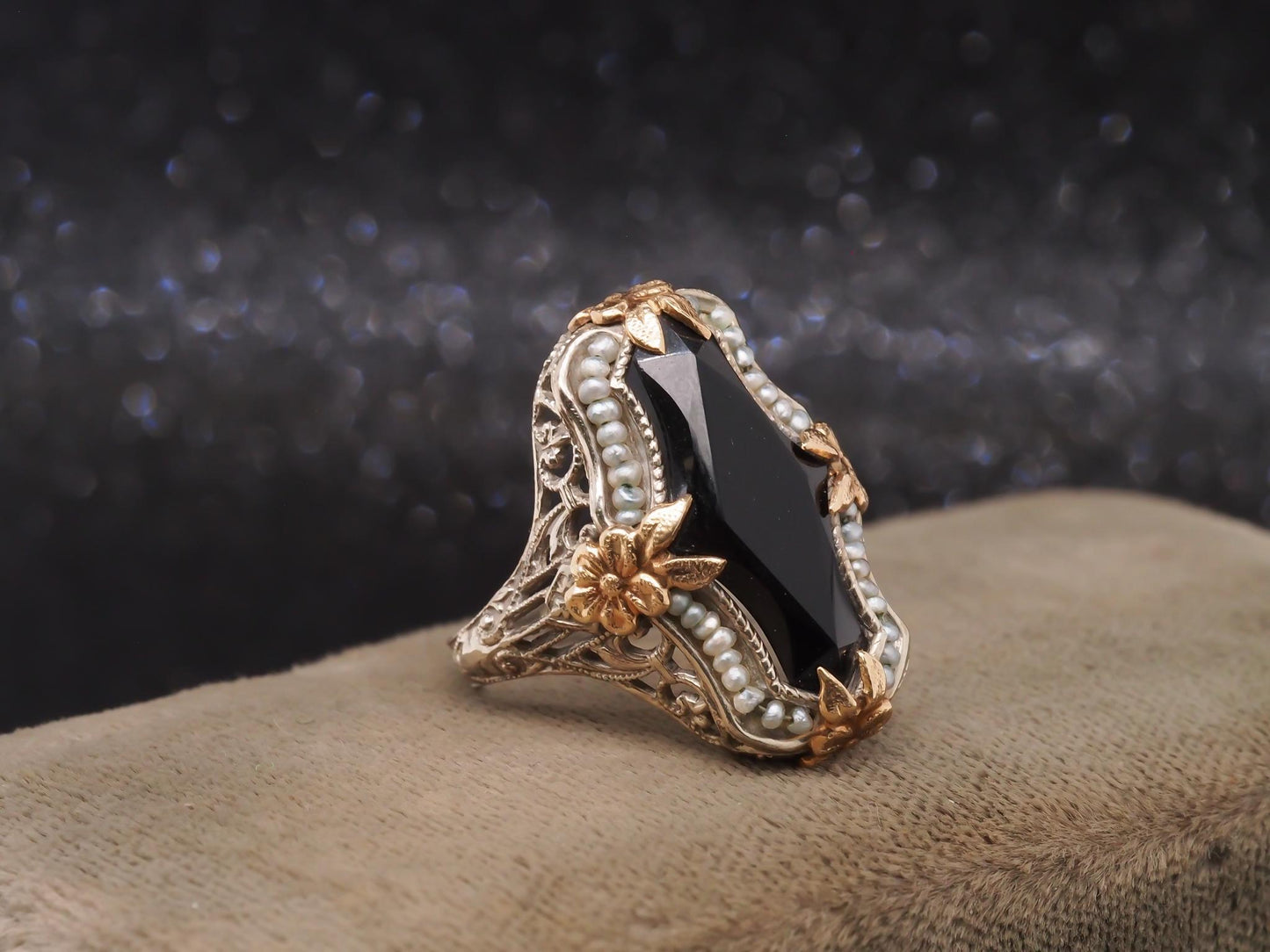 Circa 1920s Art Deco Onyx and Pearl Ring in Two Tone 14K Gold - VHK#125