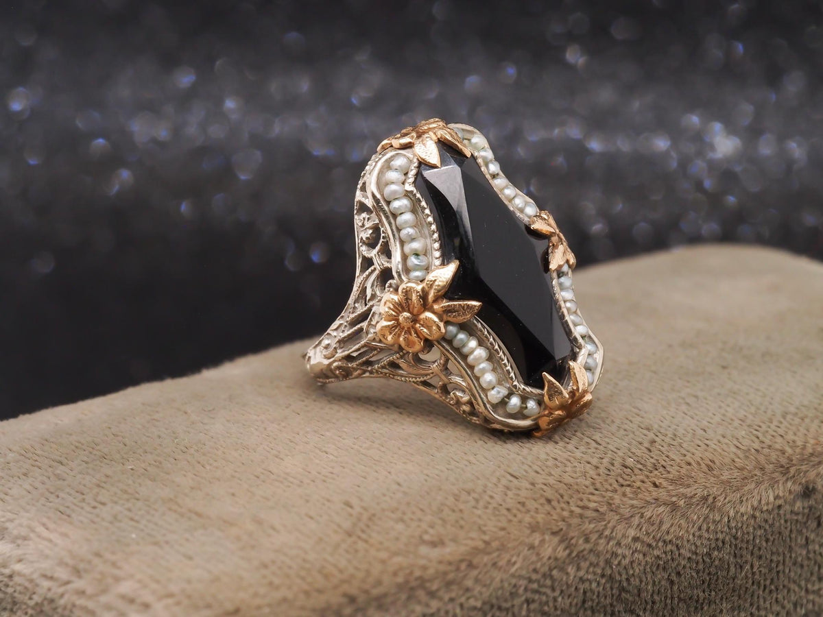 Circa 1920s Art Deco Onyx and Pearl Ring in Two Tone 14K Gold - VHK#125