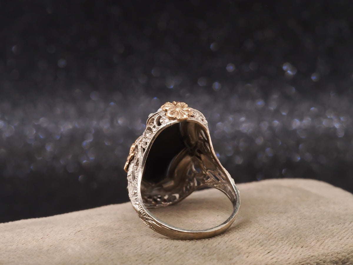 Circa 1920s Art Deco Onyx and Pearl Ring in Two Tone 14K Gold - VHK#125
