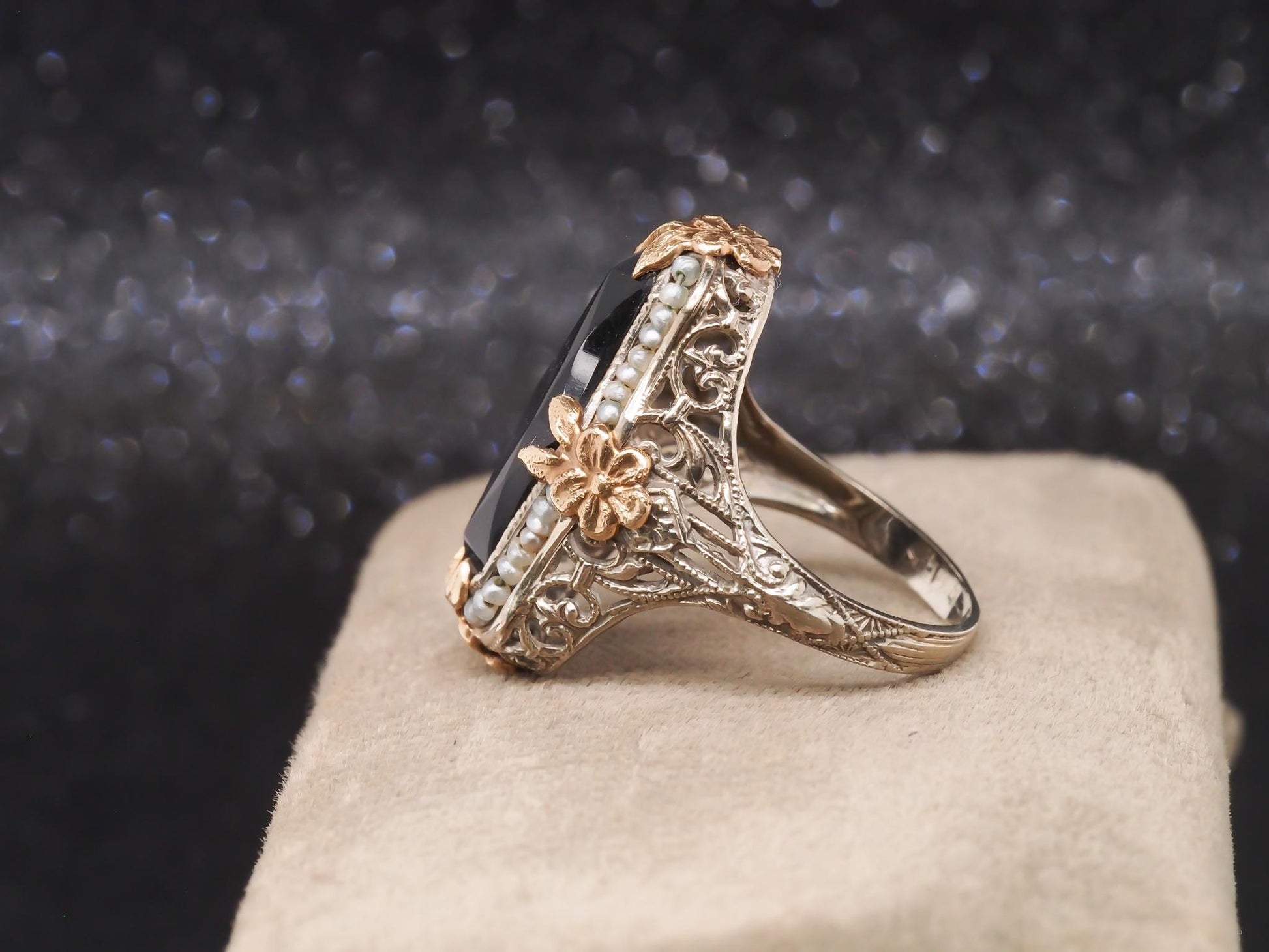 Circa 1920s Art Deco Onyx and Pearl Ring in Two Tone 14K Gold - VHK#125