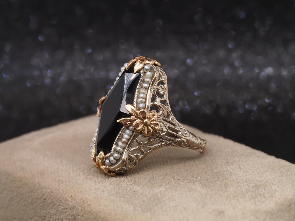 Circa 1920s Art Deco Onyx and Pearl Ring in Two Tone 14K Gold - VHK#125