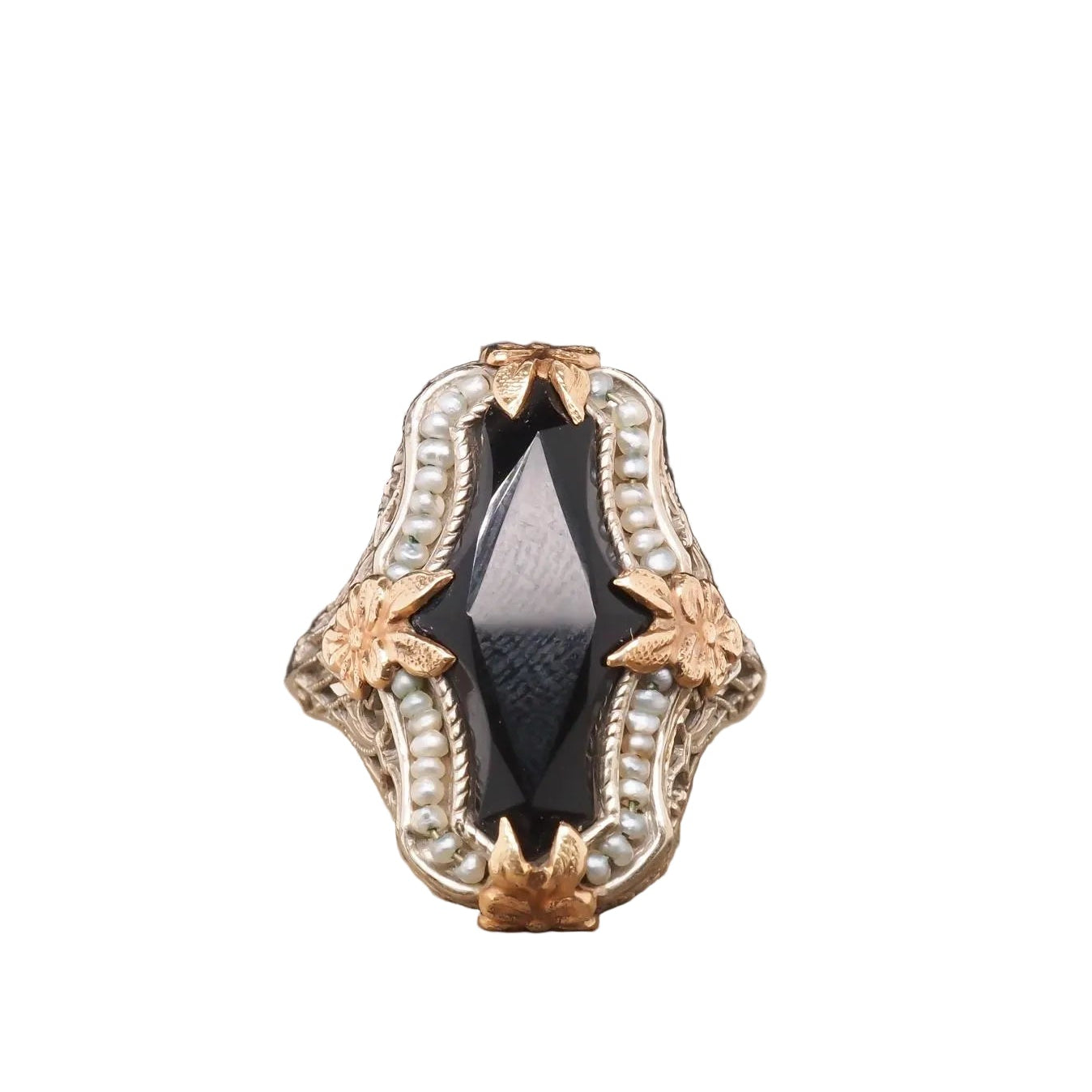 Circa 1920s Art Deco Onyx and Pearl Ring in Two Tone 14K Gold - VHK#125