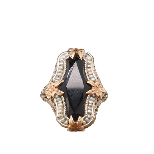 Circa 1920s Art Deco Onyx and Pearl Ring in Two Tone 14K Gold - VHK#125