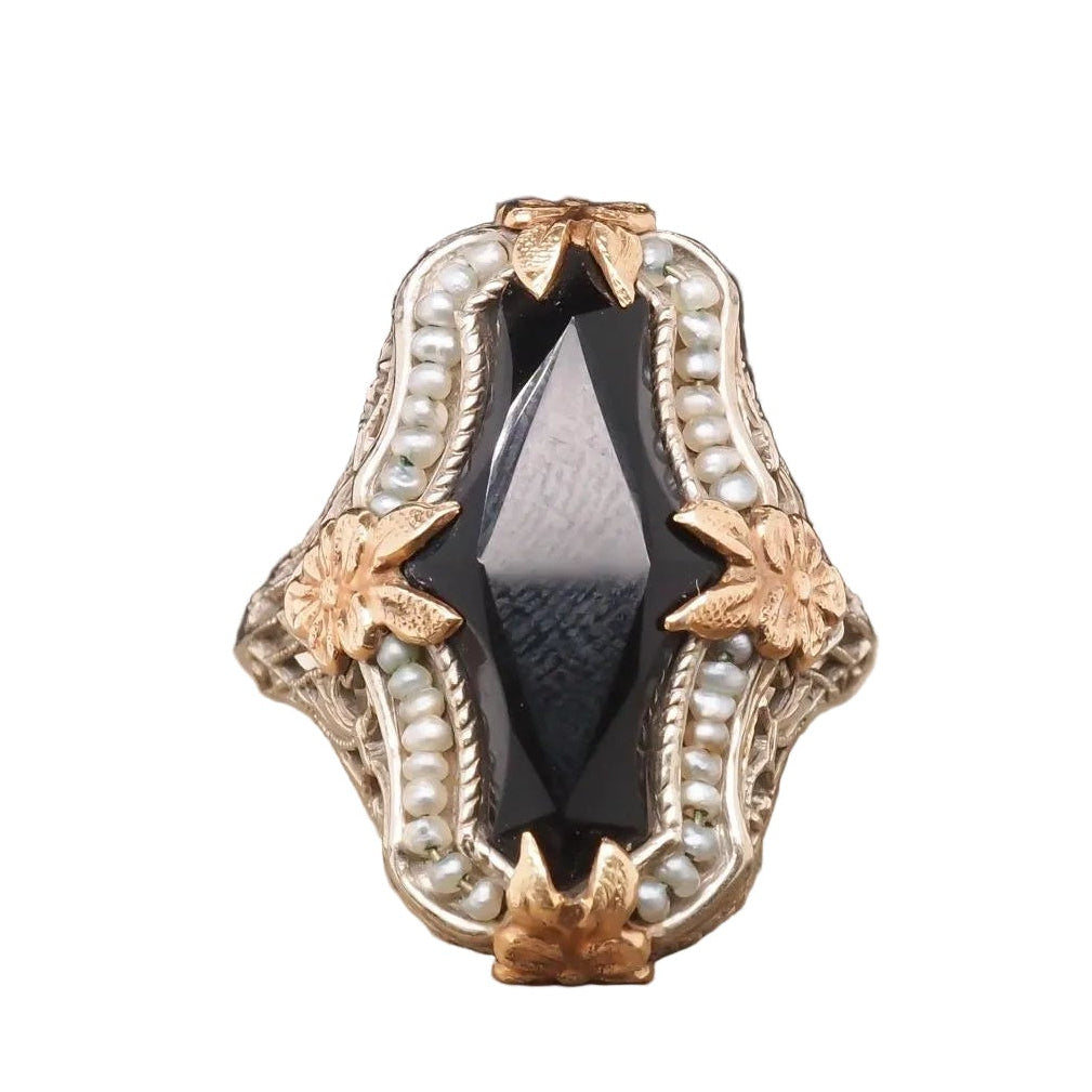 Circa 1920s Art Deco Onyx and Pearl Ring in Two Tone 14K Gold - VHK#125