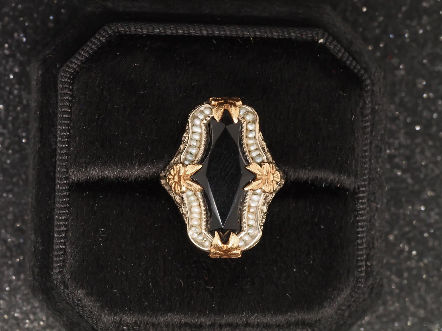 Circa 1920s Art Deco Onyx and Pearl Ring in Two Tone 14K Gold - VHK#125