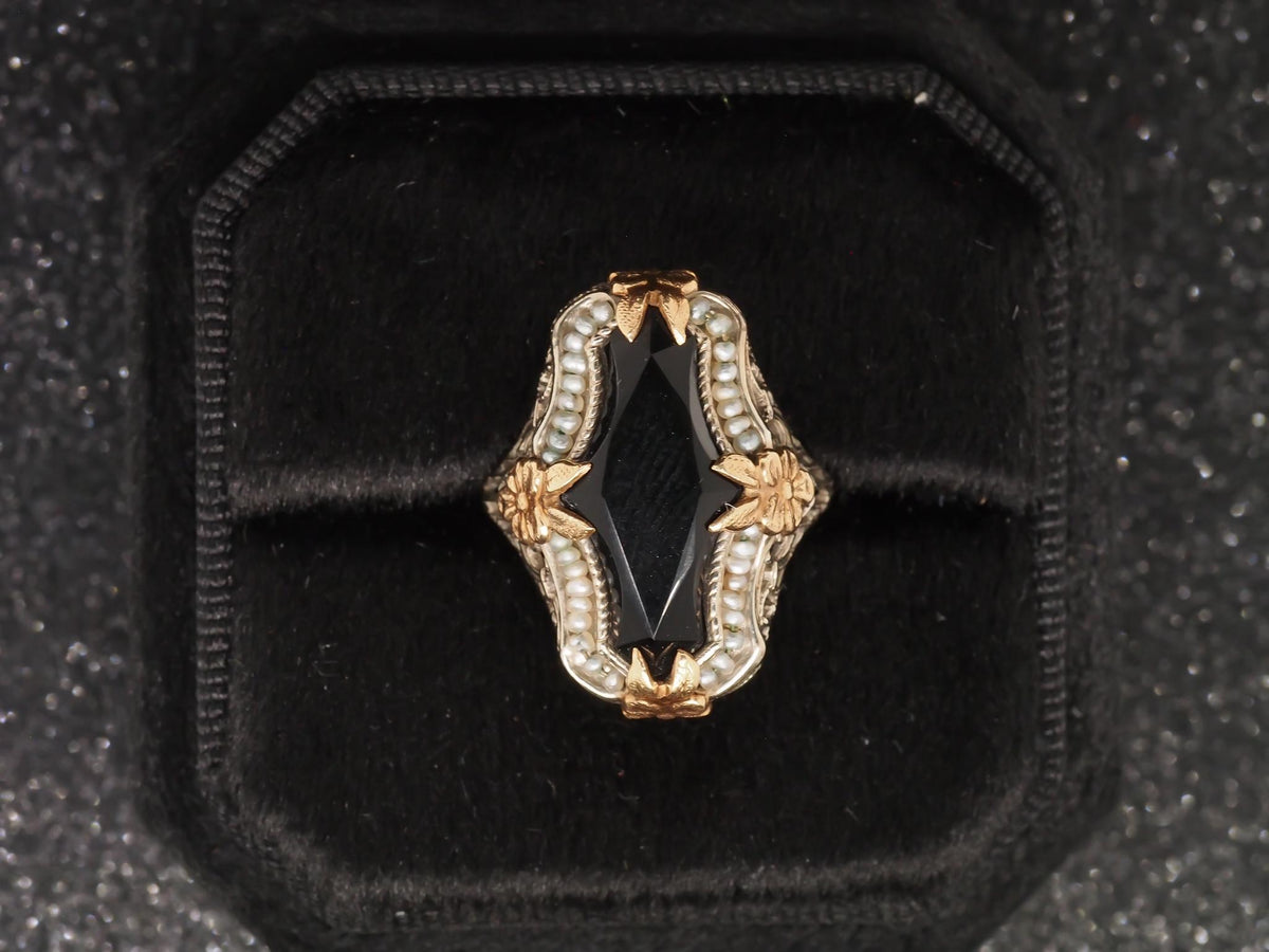 Circa 1920s Art Deco Onyx and Pearl Ring in Two Tone 14K Gold - VHK#125