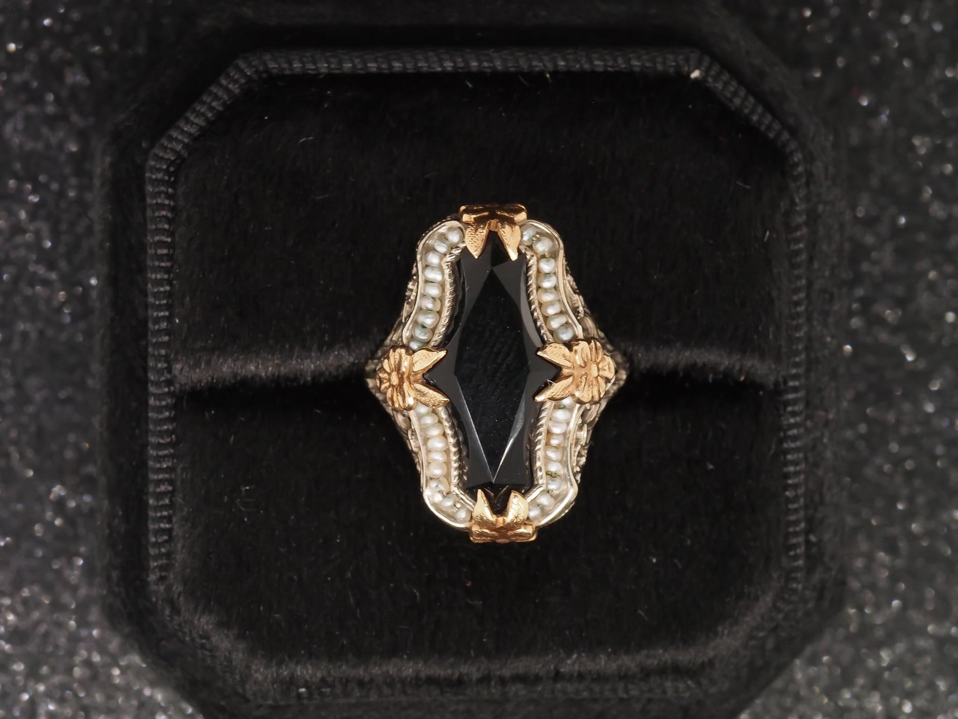 Circa 1920s Art Deco Onyx and Pearl Ring in Two Tone 14K Gold - VHK#125