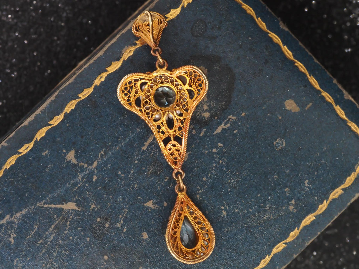 1930s 10K Yellow Gold w Seed Pearls and Zircon Drop Dangling Pendant - VHK#119a