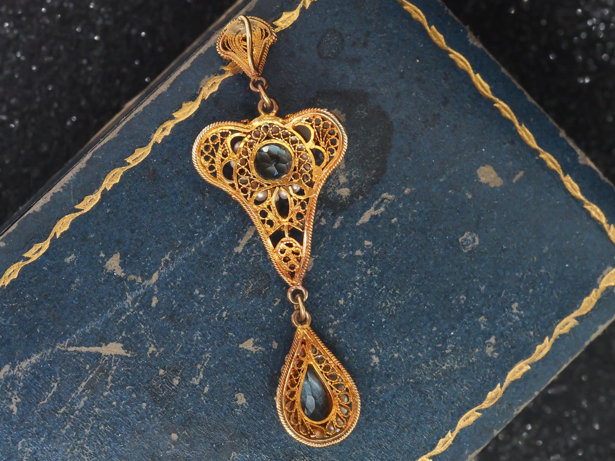 1930s 10K Yellow Gold w Seed Pearls and Zircon Drop Dangling Pendant - VHK#119a