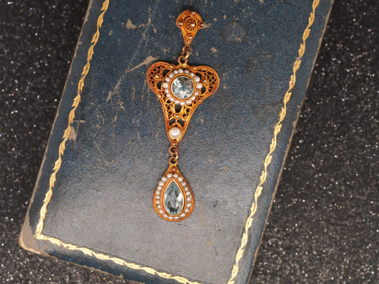 1930s 10K Yellow Gold w Seed Pearls and Zircon Drop Dangling Pendant - VHK#119a