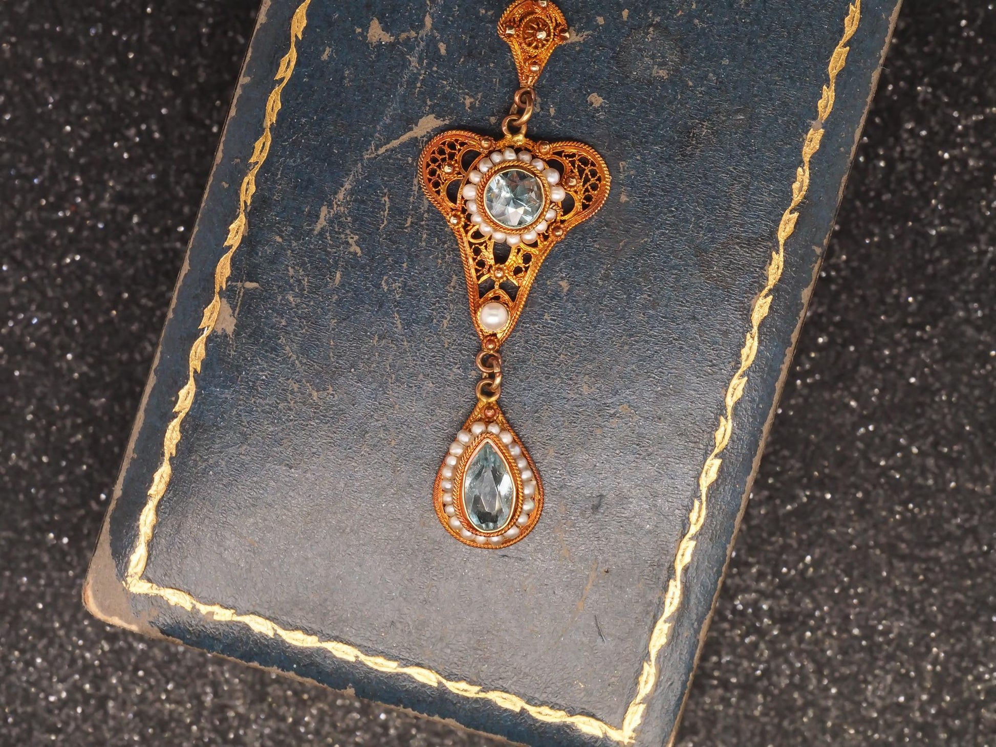 1930s 10K Yellow Gold w Seed Pearls and Zircon Drop Dangling Pendant - VHK#119a
