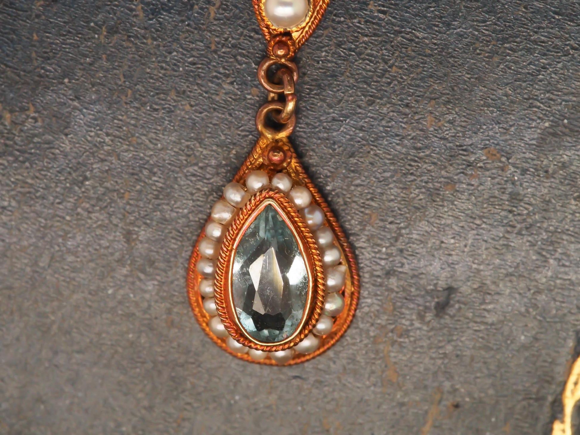 1930s 10K Yellow Gold w Seed Pearls and Zircon Drop Dangling Pendant - VHK#119a