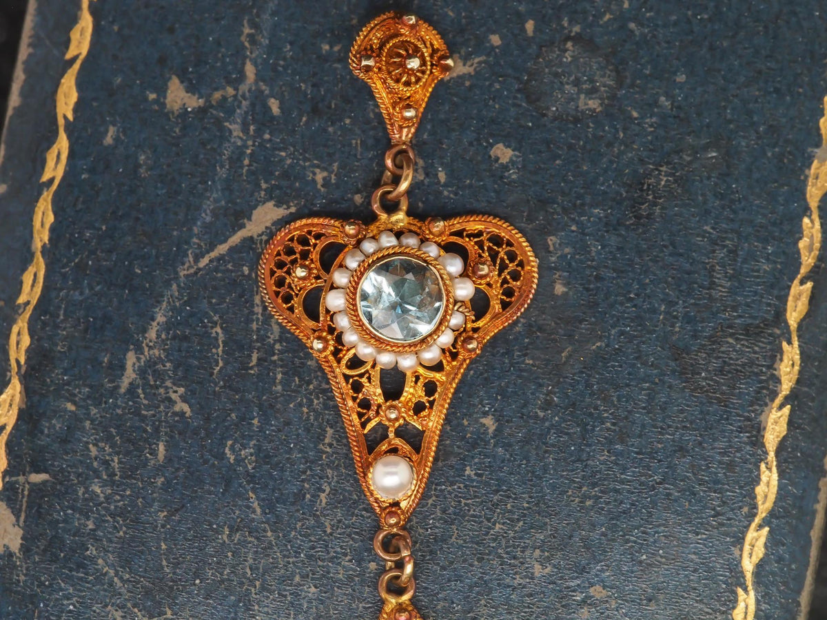 1930s 10K Yellow Gold w Seed Pearls and Zircon Drop Dangling Pendant - VHK#119a