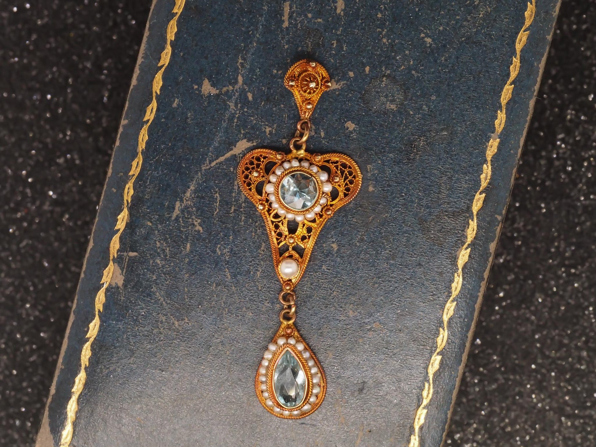 1930s 10K Yellow Gold w Seed Pearls and Zircon Drop Dangling Pendant - VHK#119a
