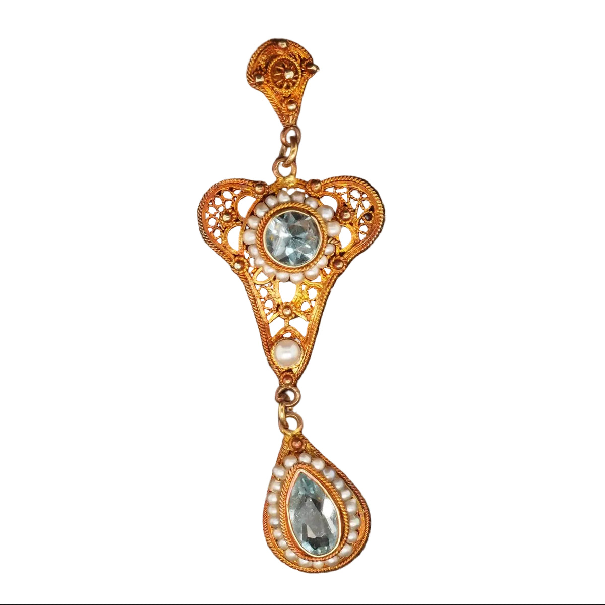 1930s 10K Yellow Gold w Seed Pearls and Zircon Drop Dangling Pendant - VHK#119a