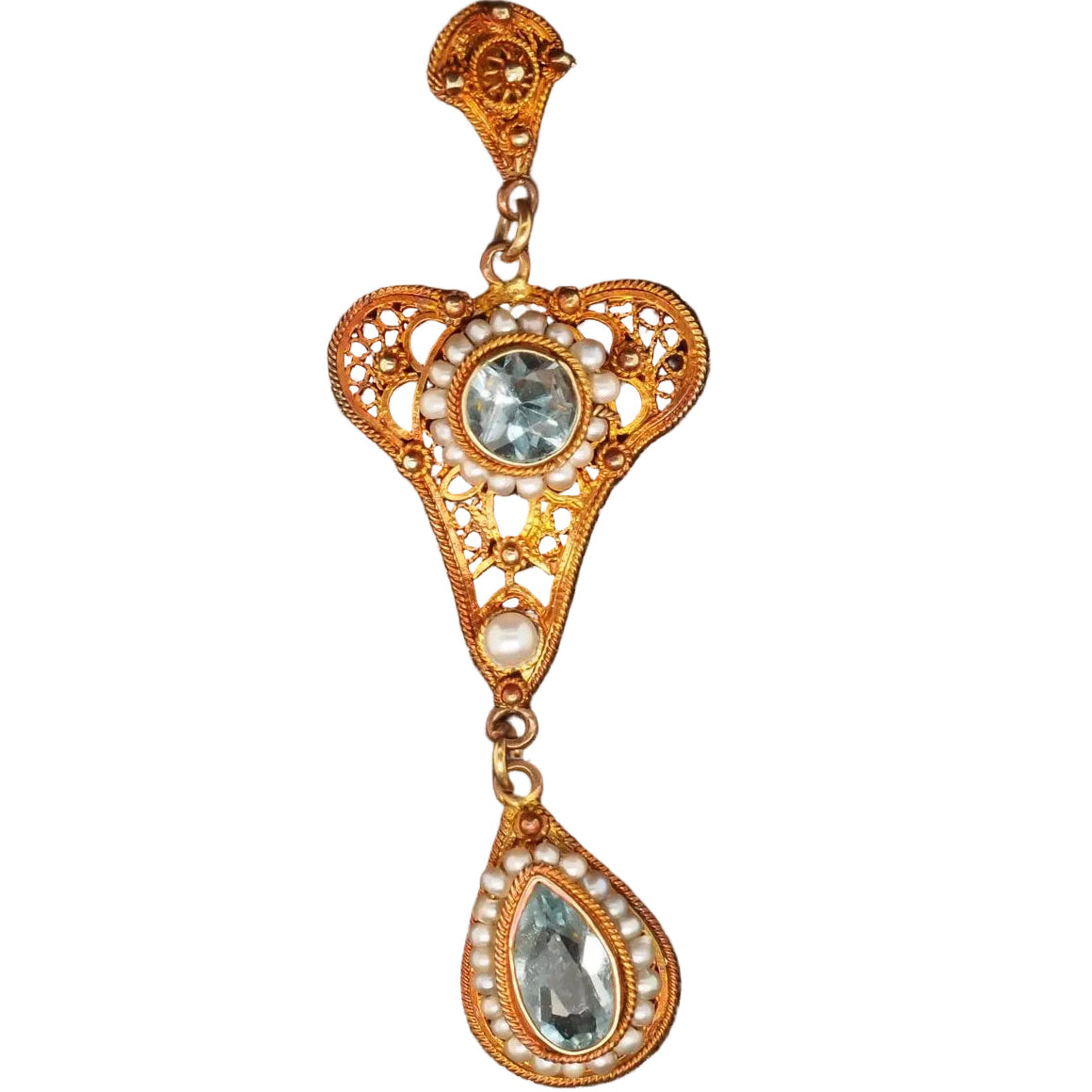 1930s 10K Yellow Gold w Seed Pearls and Zircon Drop Dangling Pendant - VHK#119a