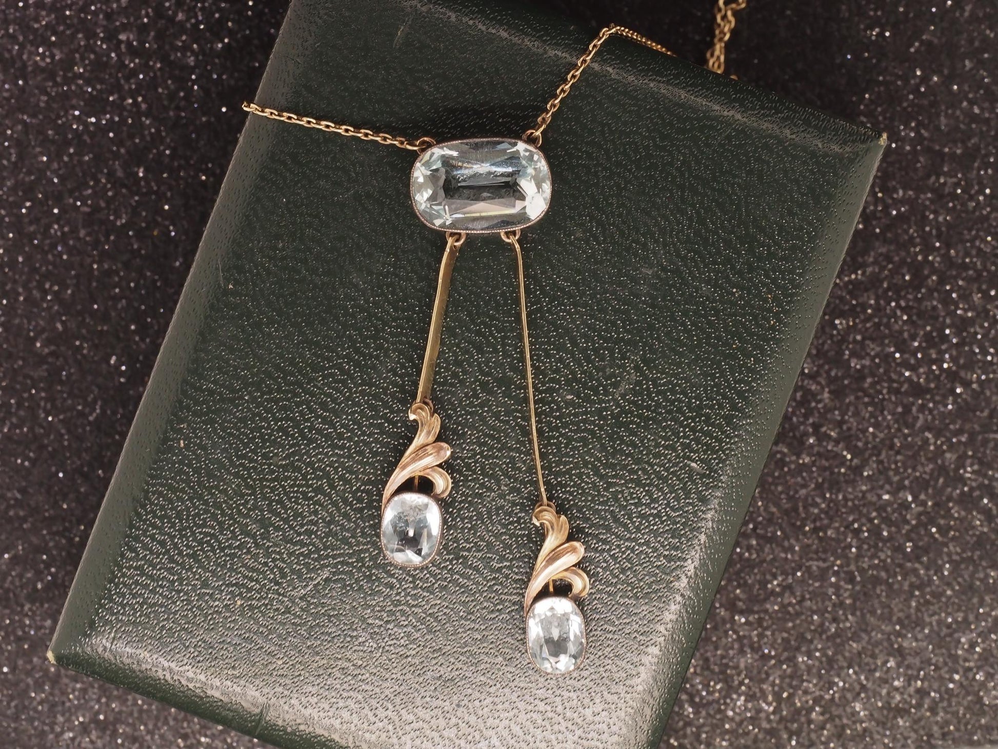 Victorian 14K Yellow Gold Bezel Set Aquamarine Drop Necklace - VHK#113