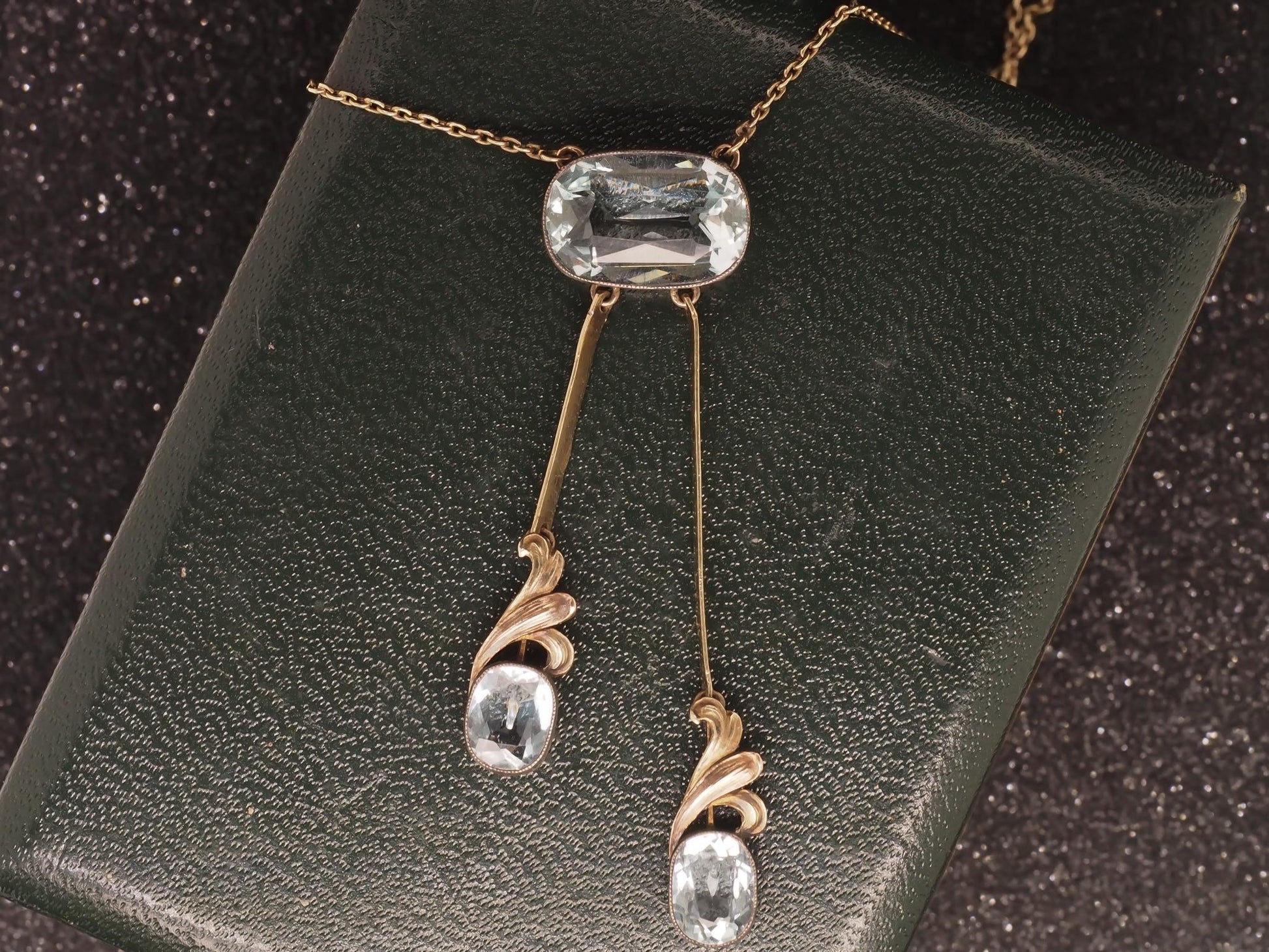 Victorian 14K Yellow Gold Bezel Set Aquamarine Drop Necklace - VHK#113