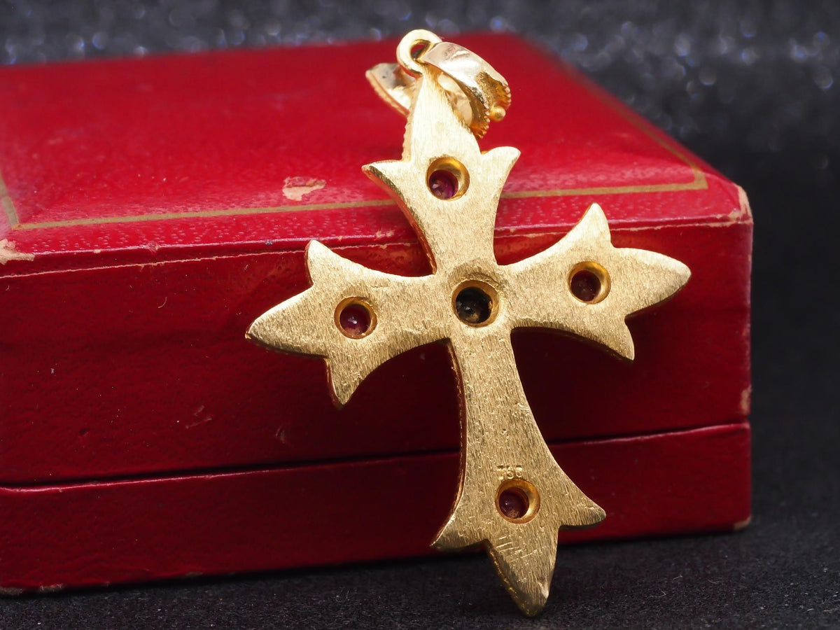 Vintage 18K Yellow Gold Cross Pendant with Sapphires and Ruby - VHK#179