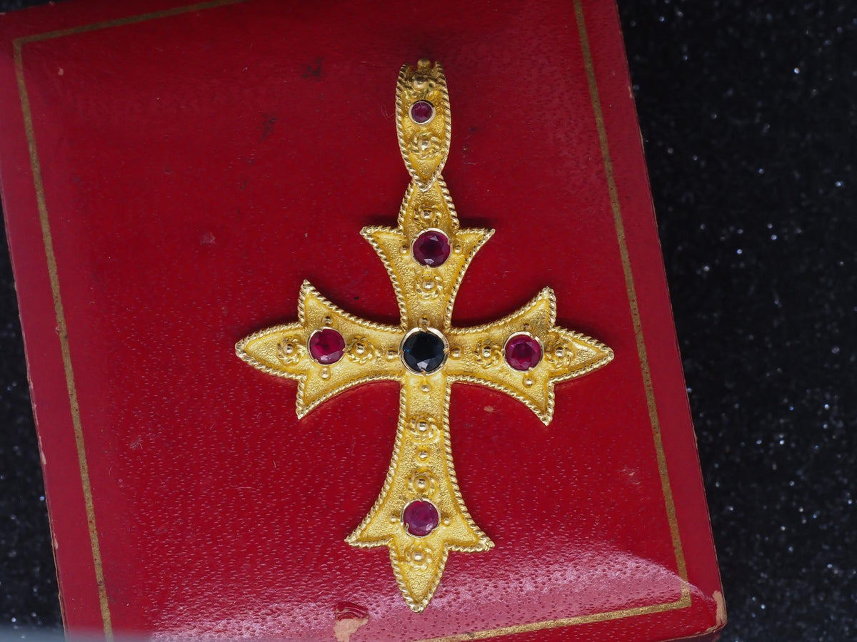Vintage 18K Yellow Gold Cross Pendant with Sapphires and Ruby - VHK#179