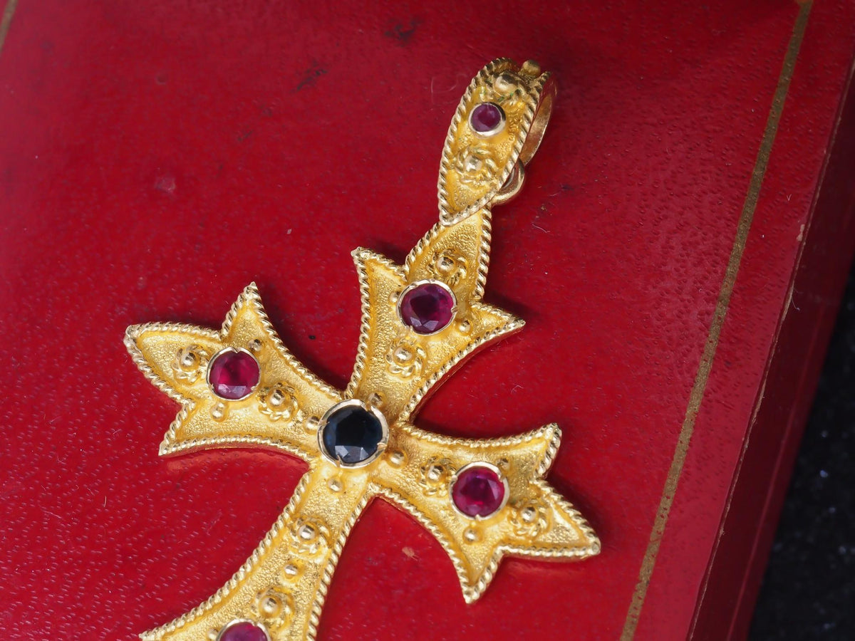 Vintage 18K Yellow Gold Cross Pendant with Sapphires and Ruby - VHK#179