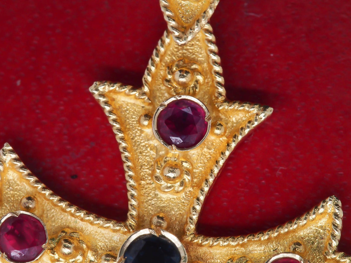 Vintage 18K Yellow Gold Cross Pendant with Sapphires and Ruby - VHK#179