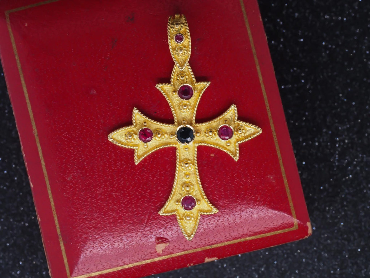 Vintage 18K Yellow Gold Cross Pendant with Sapphires and Ruby - VHK#179