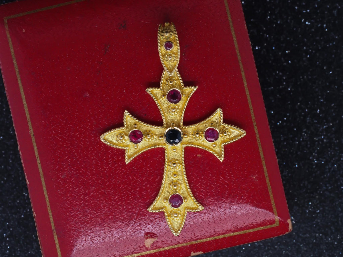 Vintage 18K Yellow Gold Cross Pendant with Sapphires and Ruby - VHK#179