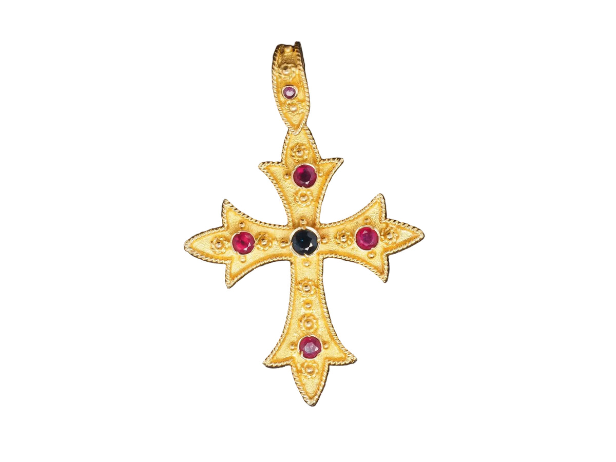 Vintage 18K Yellow Gold Cross Pendant with Sapphires and Ruby - VHK#179