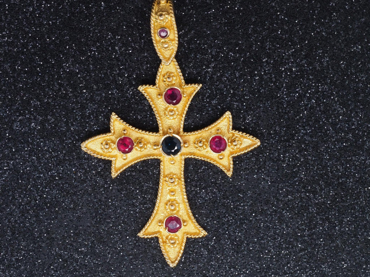 Vintage 18K Yellow Gold Cross Pendant with Sapphires and Ruby - VHK#179