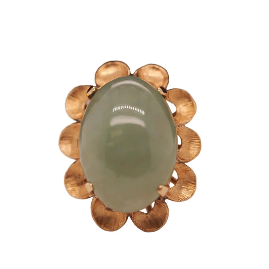 Vintage 14K Yellow Gold Cabochon Jade Cocktail Ring - VHK#685