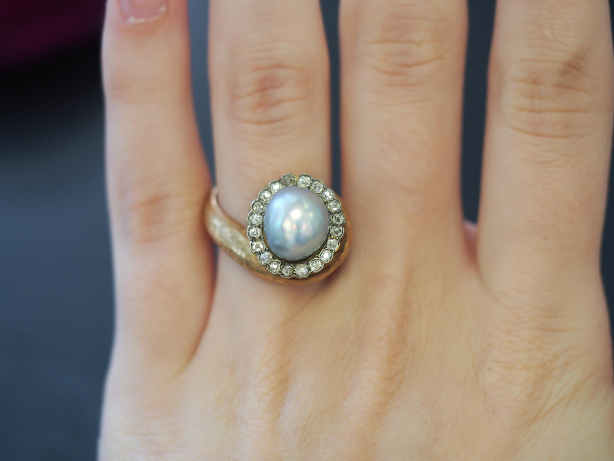 1960s Freeform Pearl and Old Mine Cut Diamond Halo Ring - VHK#236